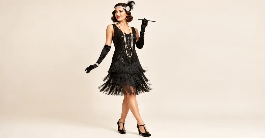The Complete Guide to Flapper Halloween Costumes: 10 Dazzling 1920s Looks 3 Black fringe flapper dress Halloween costume with a silver headband and long pearl necklace.