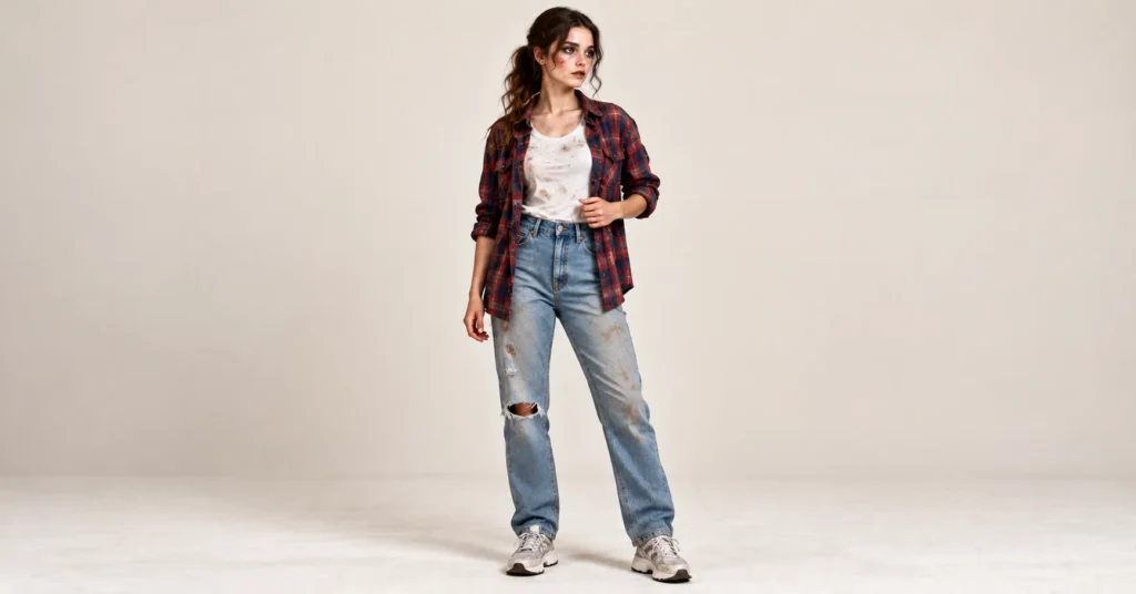 Final girl survivor haunted house outfit with blue jeans, a flannel shirt, sneakers, and subtle horror makeup.