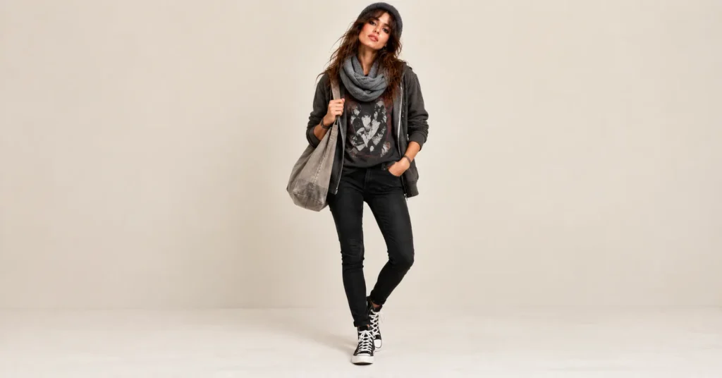 Indie Sleaze Fashion: 12 Outfit Ideas for the Messy, Flash Lit 2000s Look 13 Indie Sleaze Fashion casual hoodie and circle scarf with skinny jeans