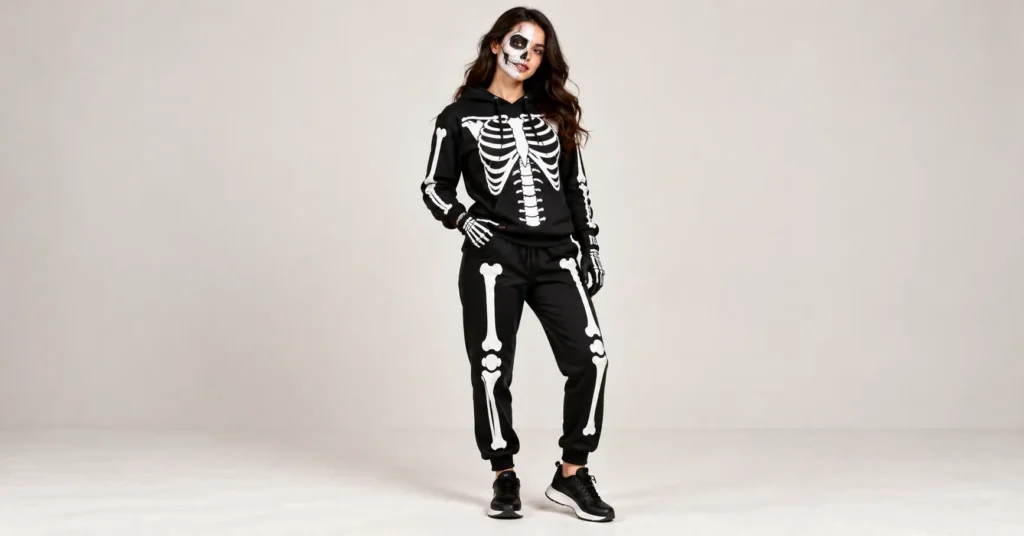 Skeleton streetwear haunted house outfit with a bone print hoodie, matching joggers, and half-skull makeup.