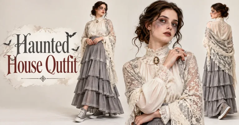 Haunted house outfit featuring a Victorian-inspired ghost costume with an ivory blouse, gray skirt, and lace shawl.