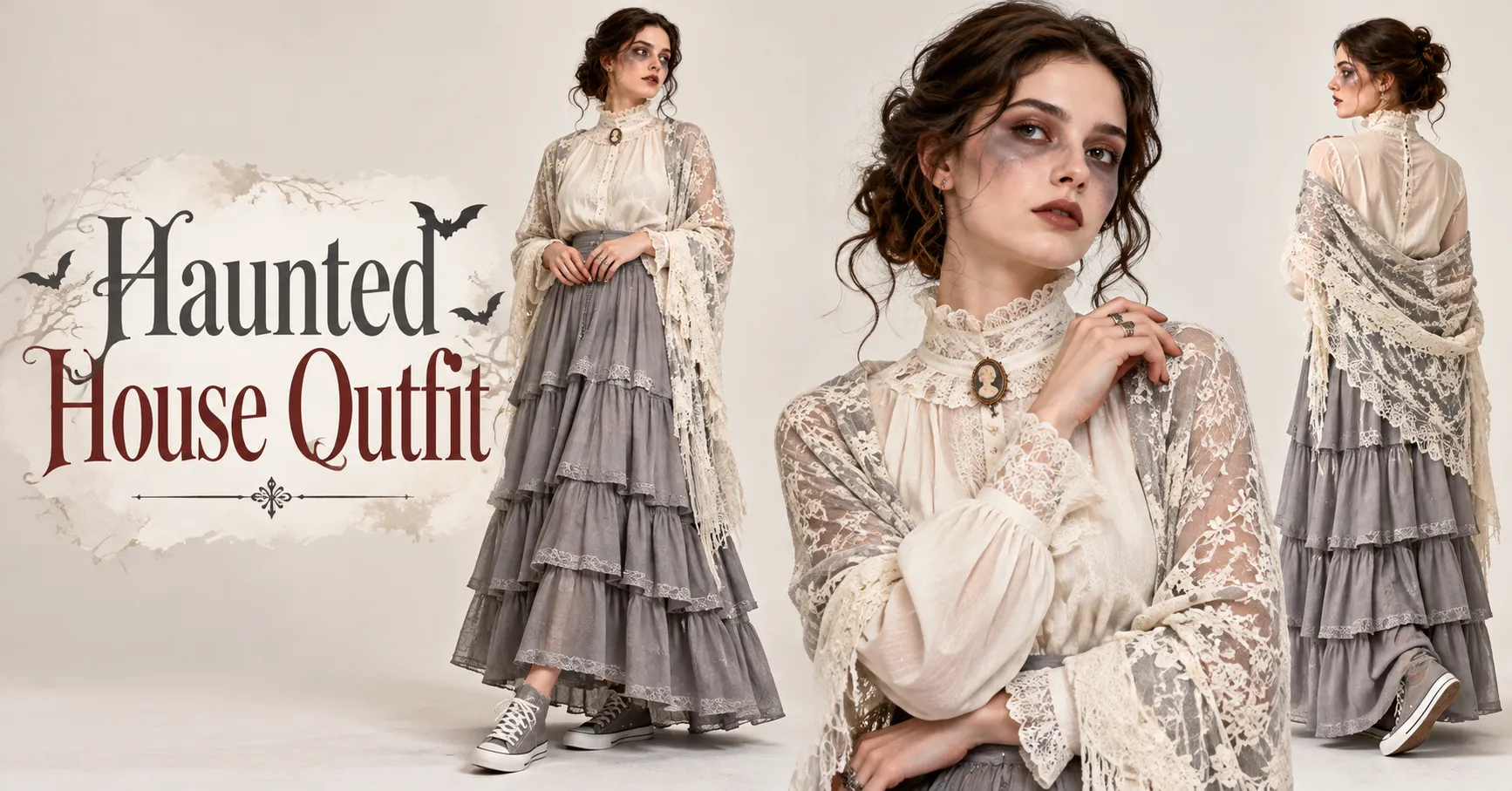 Home 11 Haunted house outfit featuring a Victorian-inspired ghost costume with an ivory blouse, gray skirt, and lace shawl.