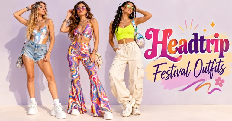 Headtrip Festival Outfits featuring a holographic bodysuit, psychedelic co-ord set, neon top, and rave inspired accessories.