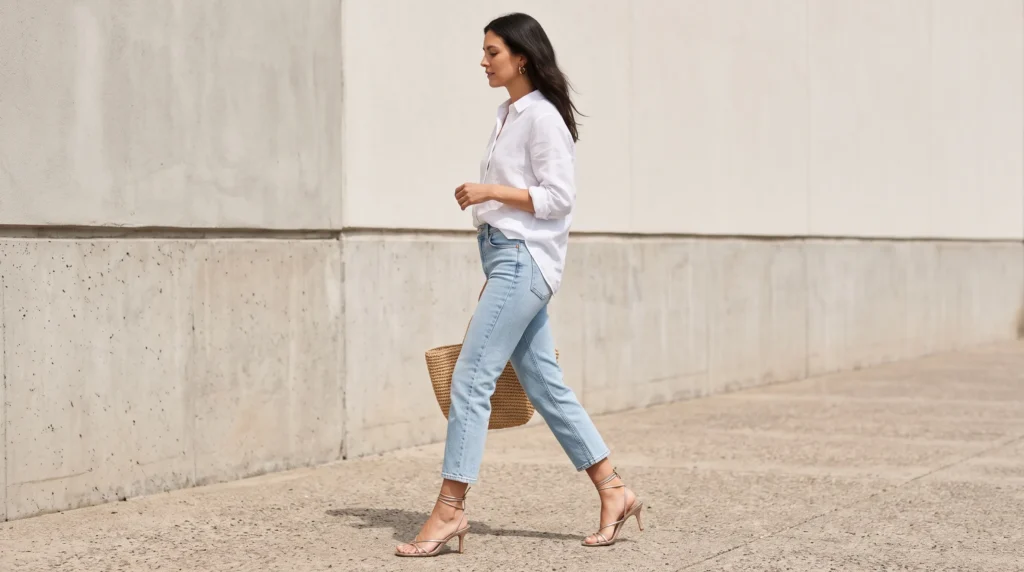 High Heels With Jeans: 10 Outfit Ideas for Every Occasion 7 A summer outfit featuring cropped straight leg jeans with strappy heeled sandals and a linen shirt.