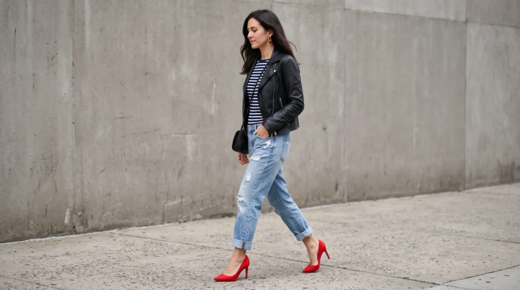 High Heels With Jeans: 10 Outfit Ideas for Every Occasion 8 Casual chic look featuring relaxed ripped boyfriend jeans cuffed at the ankle, worn with vibrant red high heels.