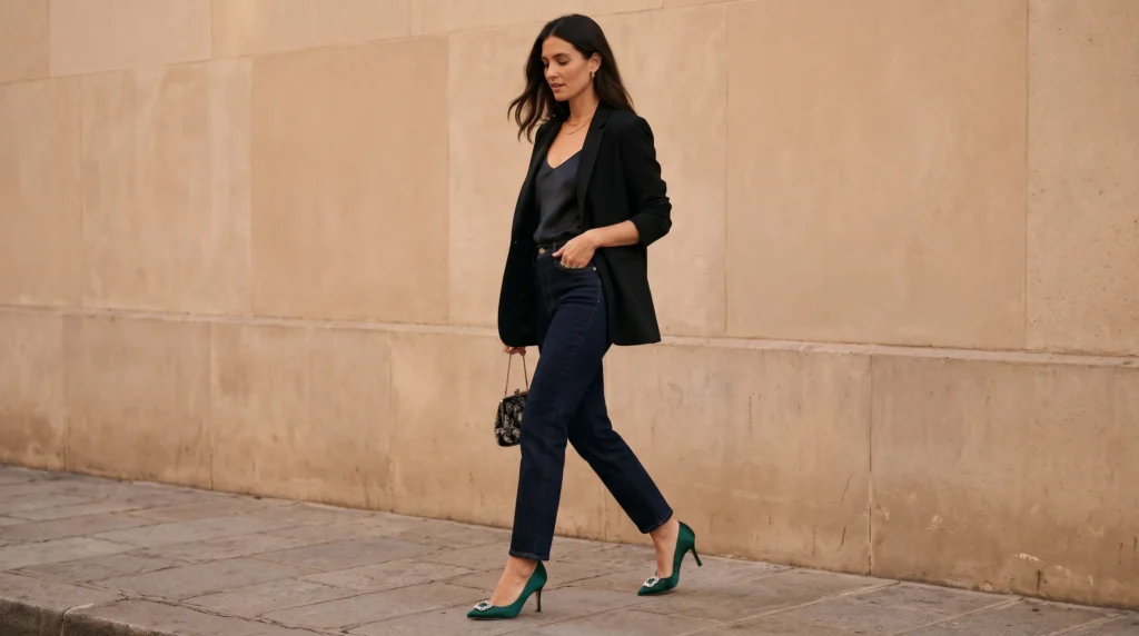 High Heels With Jeans: 10 Outfit Ideas for Every Occasion 9 A date night outfit featuring dark indigo jeans, elegant satin high heels, and a silk camisole.