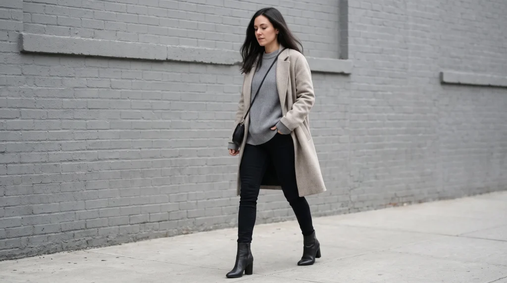 High Heels With Jeans: 10 Outfit Ideas for Every Occasion 10 A cold weather outfit with black skinny jeans and matching black leather heeled ankle boots.