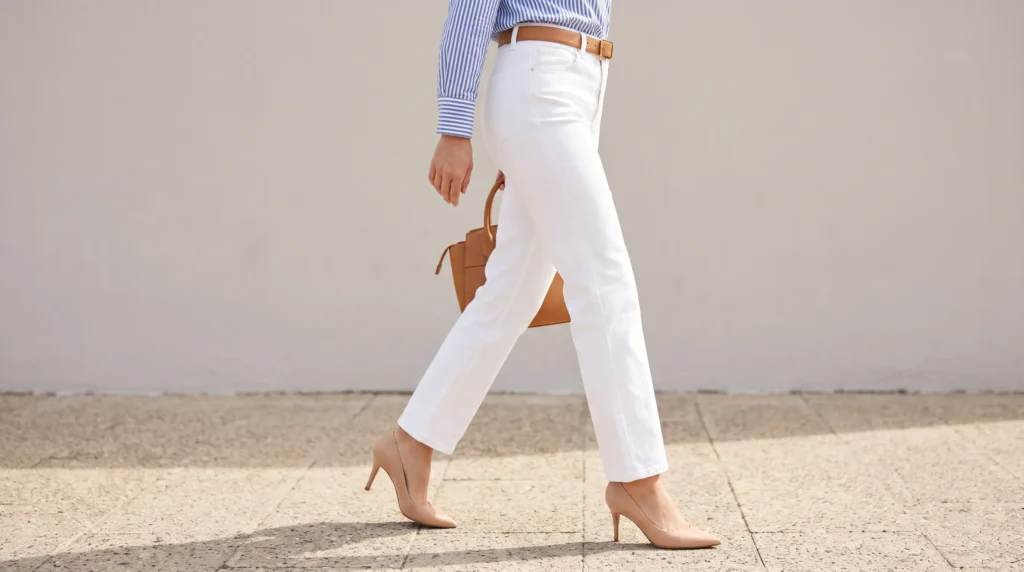 High Heels With Jeans: 10 Outfit Ideas for Every Occasion 11 A fresh spring outfit featuring white straight leg jeans and nude pointed toe high heels.