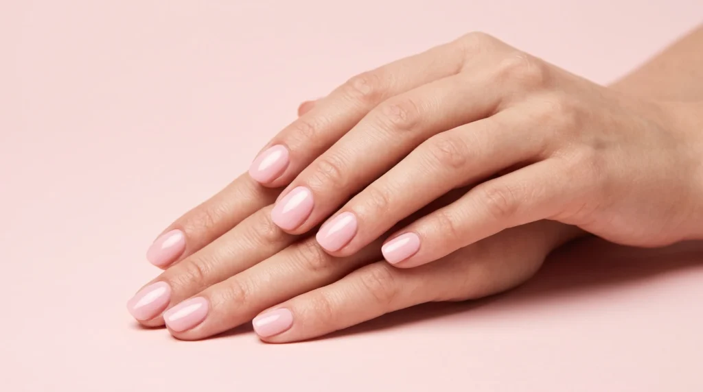 Pale Pink Nails: 10 Soft, Polished Ideas for Every Occasion 3 High shine glossy solid pale pink nails with a smooth glass finish on a clean background.