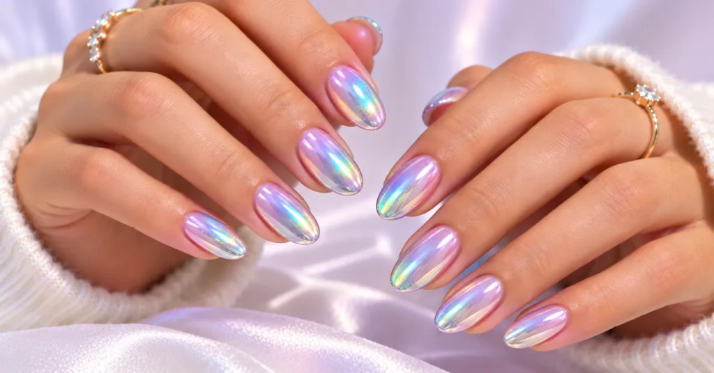 10 Stunning Reflective Nails Ideas That Shine in Every Light 10 Reflective Nails Ideas featuring dreamy aurora unicorn chrome nails with pastel color-shifting shine.