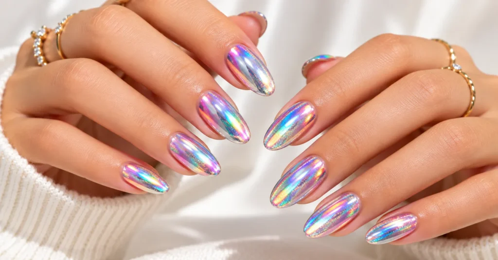 10 Stunning Reflective Nails Ideas That Shine in Every Light 6 Reflective Nails Ideas featuring colorful holographic rainbow nails with a brilliant prism effect.
