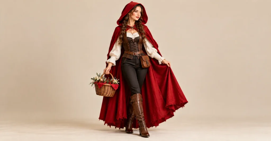 Little Red Riding Hood Costume Women Love: 10 Stunning Looks 9 Little Red Riding Hood Costume Women featuring a rugged red hooded cape, white blouse, faux-leather vest, fitted black trousers, and knee-high boots.