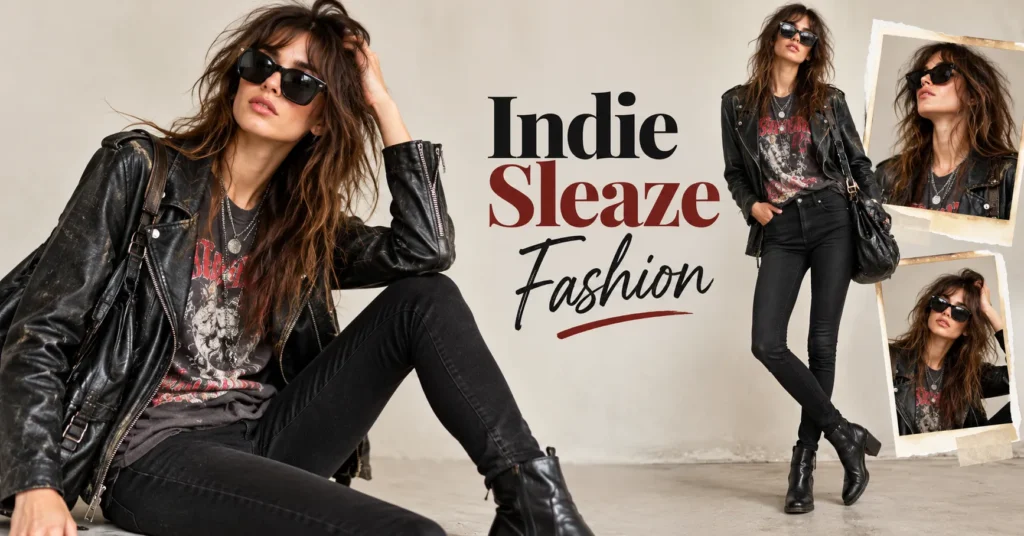 Indie Sleaze Fashion featuring a vintage band tee, black skinny jeans, leather jacket, and ankle boots.