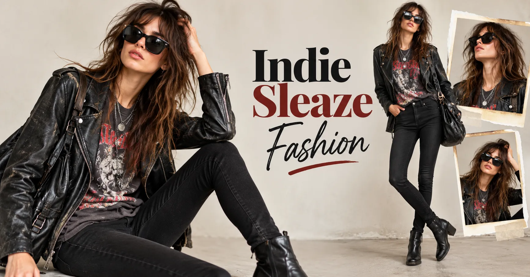 Indie Sleaze Fashion featuring a vintage band tee, black skinny jeans, leather jacket, and ankle boots.