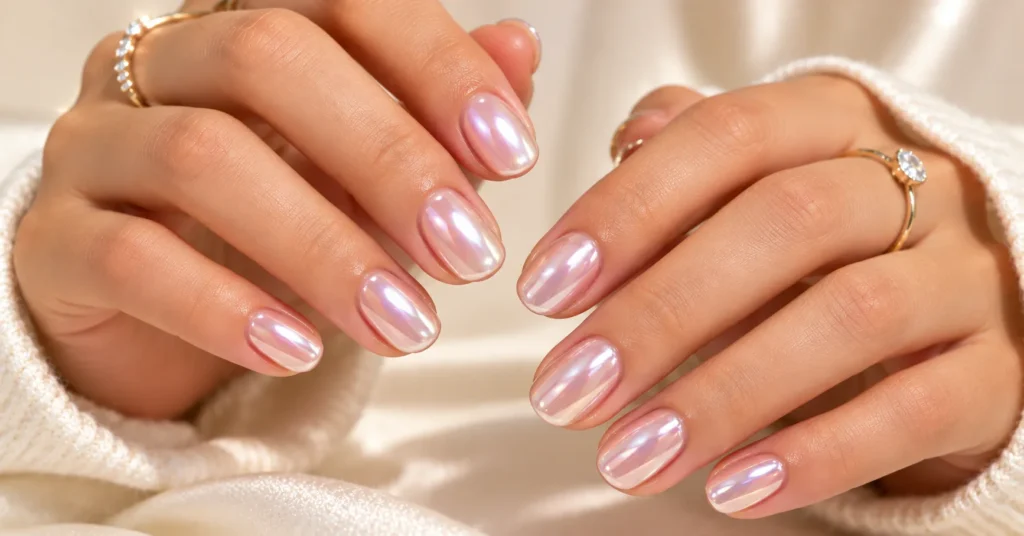 10 Stunning Reflective Nails Ideas That Shine in Every Light 5 Reflective Nails Ideas with soft glazed donut pearl chrome nails on a milky pink base.