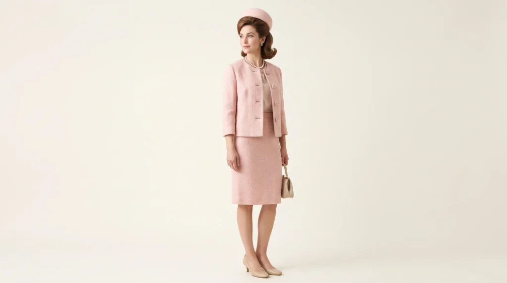 12 Iconic 60's Outfits for Ladies: Mod, Retro, and Vintage Looks to Recreate 6 Jackie Kennedy style skirt suit and pillbox hat from the guide to 60's outfits for ladies