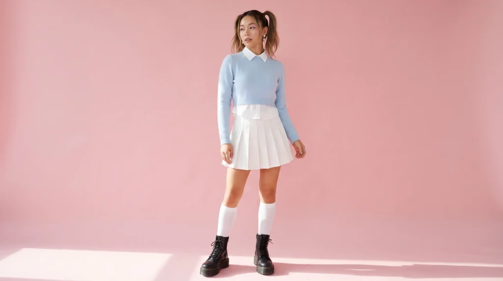 Jules inspired pastel Euphoria outfits showcasing a pleated mini skirt, platform boots, and graphic eyeliner.