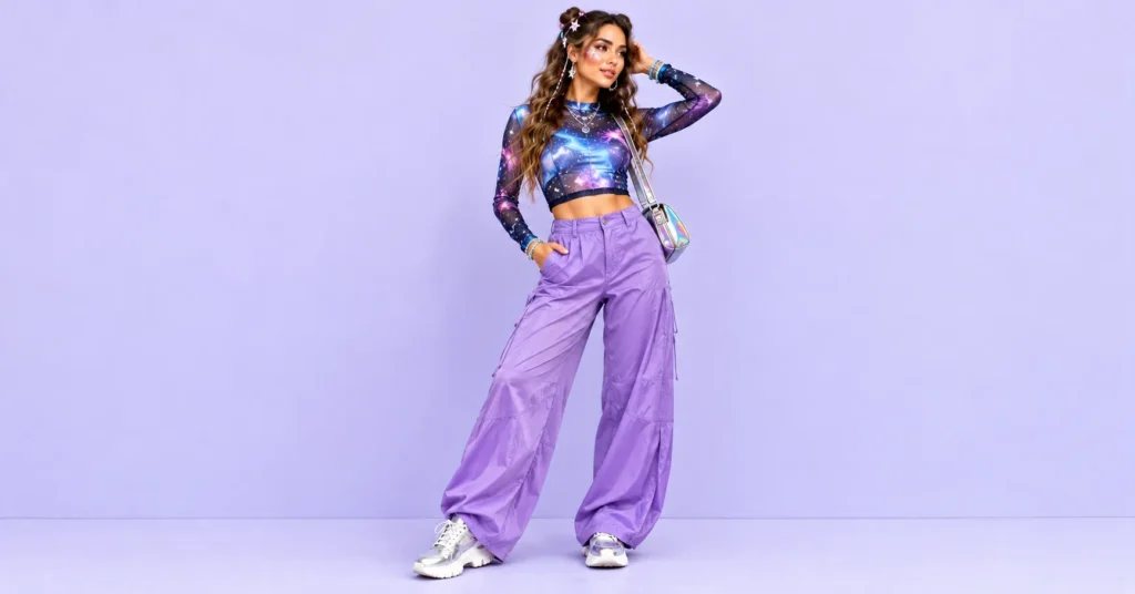 The Complete Guide to Headtrip Festival Outfits: 10 Bold Looks for Every Set 11 Headtrip Festival Outfits featuring a galaxy-print top, violet wide-leg trousers, silver sneakers, and celestial accessories.