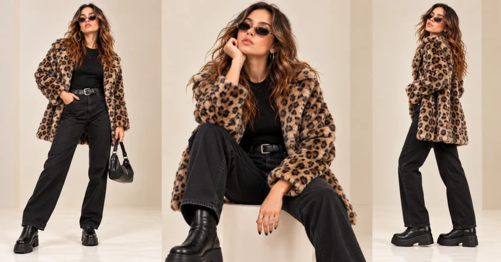 12 Best MGK Concert Outfit Ideas for a Bold Rockstar Look 14 MGK Concert Outfit Ideas featuring a leopard-print faux fur coat, black top, tailored black trousers, ankle boots, and silver accessories.