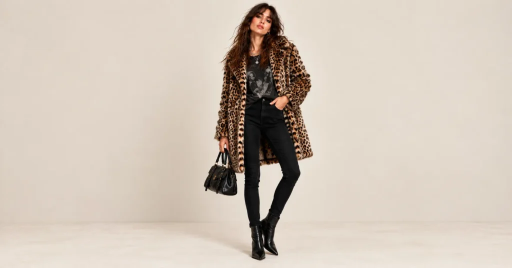 Indie Sleaze Fashion: 12 Outfit Ideas for the Messy, Flash Lit 2000s Look 12 Indie Sleaze Fashion leopard print coat with black band tee and skinny jeans