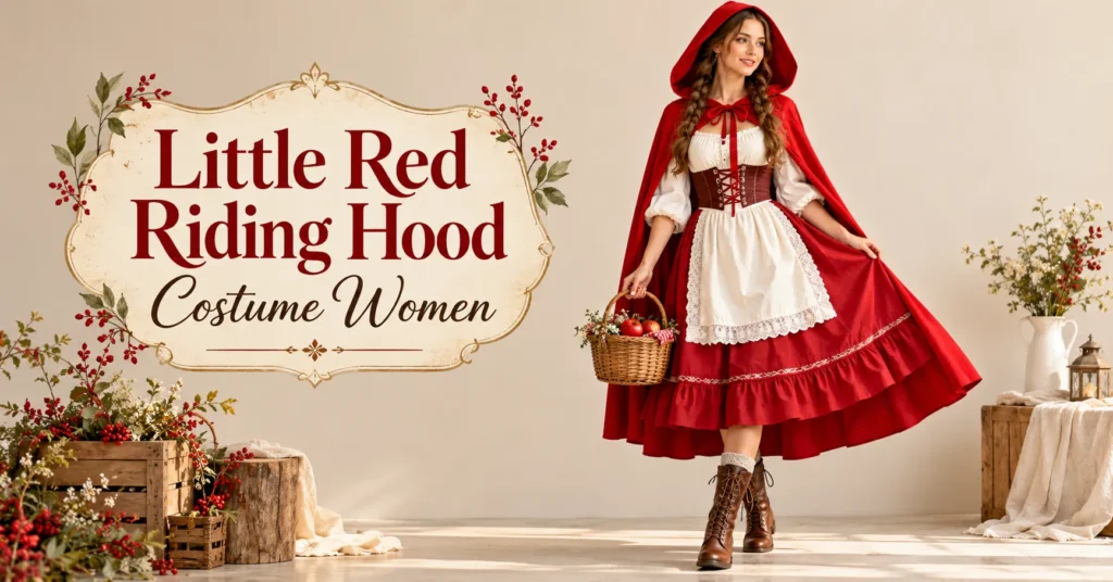 Little Red Riding Hood Costume Women Love: 10 Stunning Looks 5 Little Red Riding Hood Costume Women wearing a classic red hooded cape, cream storybook dress, white apron, and brown boots with a wicker basket.