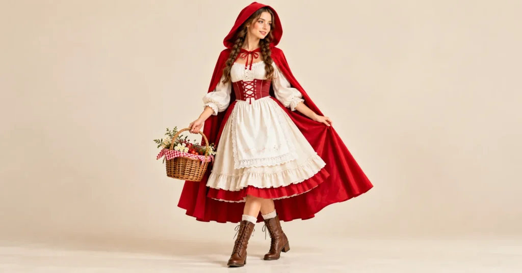 Little Red Riding Hood Costume Women Love: 10 Stunning Looks 3 Little Red Riding Hood Costume Women wearing a classic red hooded cape, cream dress, white apron, and brown lace-up boots while carrying a wicker basket.