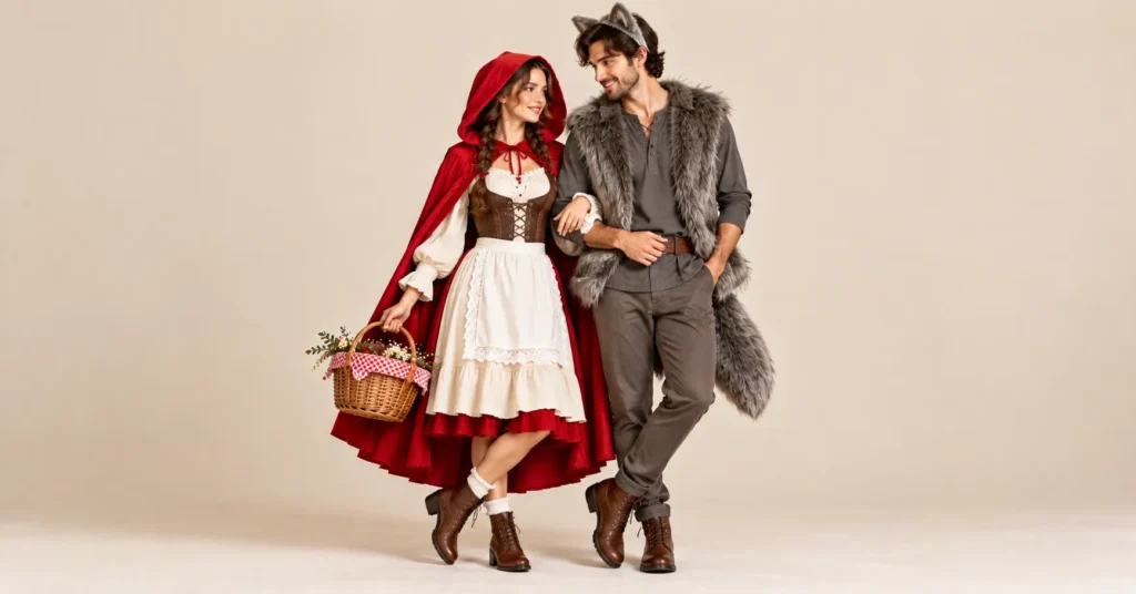 Little Red Riding Hood Costume Women Love: 10 Stunning Looks 12 Little Red Riding Hood Costume for Women wearing a red hooded cape, cream dress, and white apron beside a fully clothed model in a friendly grey wolf-inspired costume.