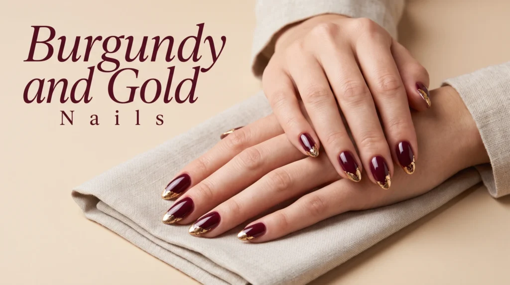 Burgundy and Gold Nails: 10 Luxurious Ideas, Shades & Pro Tips for a Rich Manicure 7 Luxurious burgundy and gold nails manicure on elegant hands against a plain neutral background in bright lighting.