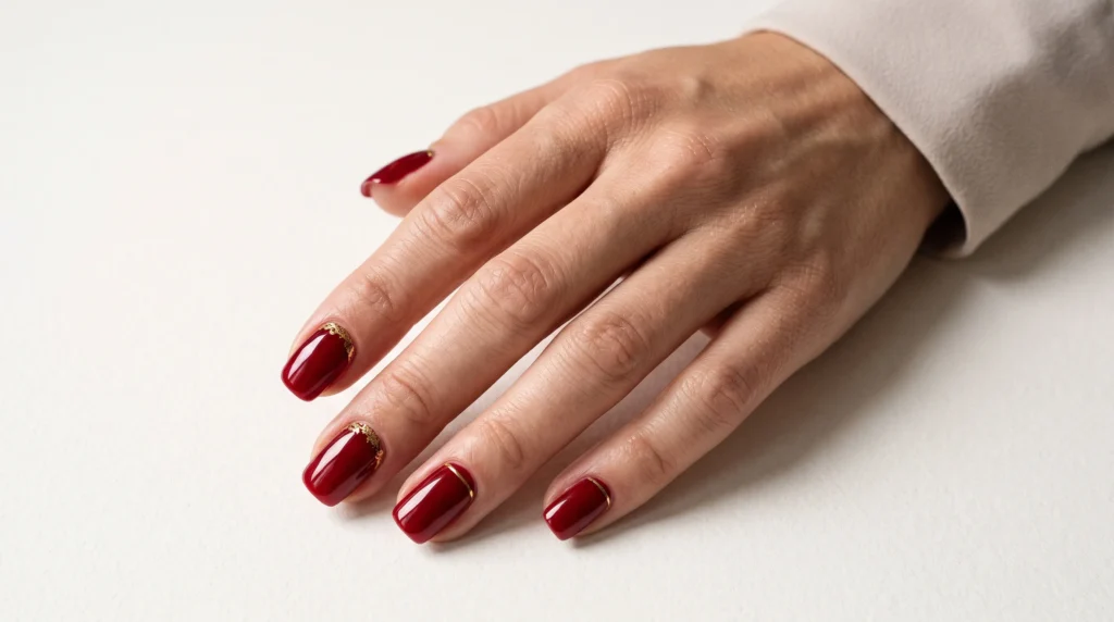 Cherry Red Nails: 10 Stunning Ideas, Shades & Pro Tips for a Flawless Manicure 10 Luxurious cherry red nails with gold accents and delicate metallic foil detailing.