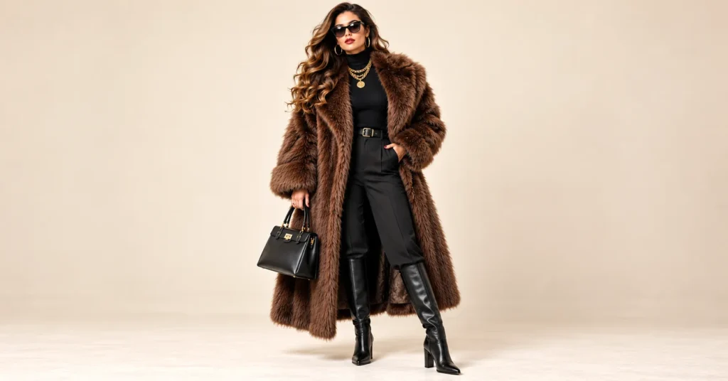 10 Stunning Mob Wife Outfit Ideas for a Bold, Glamorous Wardrobe 3 Mob Wife Outfit Ideas featuring an oversized chocolate brown faux fur coat over an all-black outfit with gold jewelry.