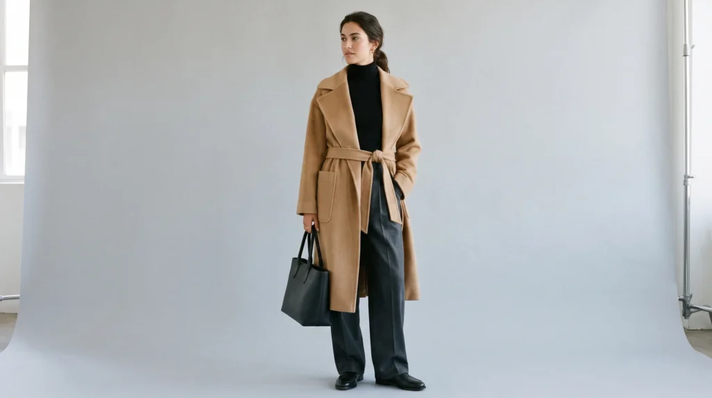 Luxury Winter Clothes for Women: Fabrics, Brands, and 10 Elegant Outfits 3 Luxury winter clothes for women styled for the office with a camel coat, black turtleneck, and wide leg wool trousers.