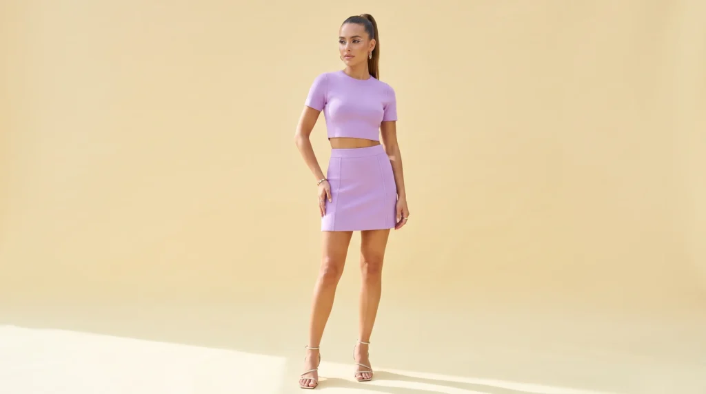 Maddy inspired Euphoria outfits featuring a purple carnival-style matching two-piece set with rhinestone eye makeup.