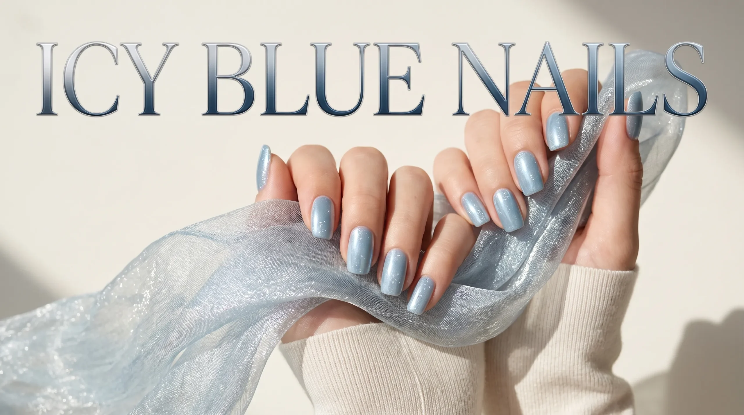 Manicure with glossy icy blue nails against a plain neutral background in bright daylight.
