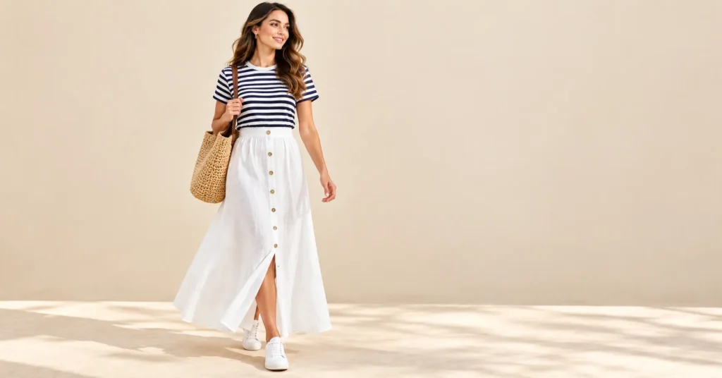 White Maxi Skirts: Fabrics, Fits, and 10 Effortless Outfit Formulas 4 White maxi skirts styled with a navy and white striped T-shirt, white sneakers, and a straw tote.