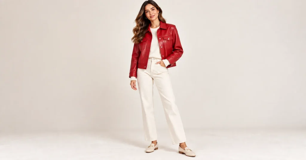 10 Stunning Red Leather Jackets That Make a Bold Fashion Statement 9 Red Leather Jackets cherry red trucker style with cream sweater and ecru jeans