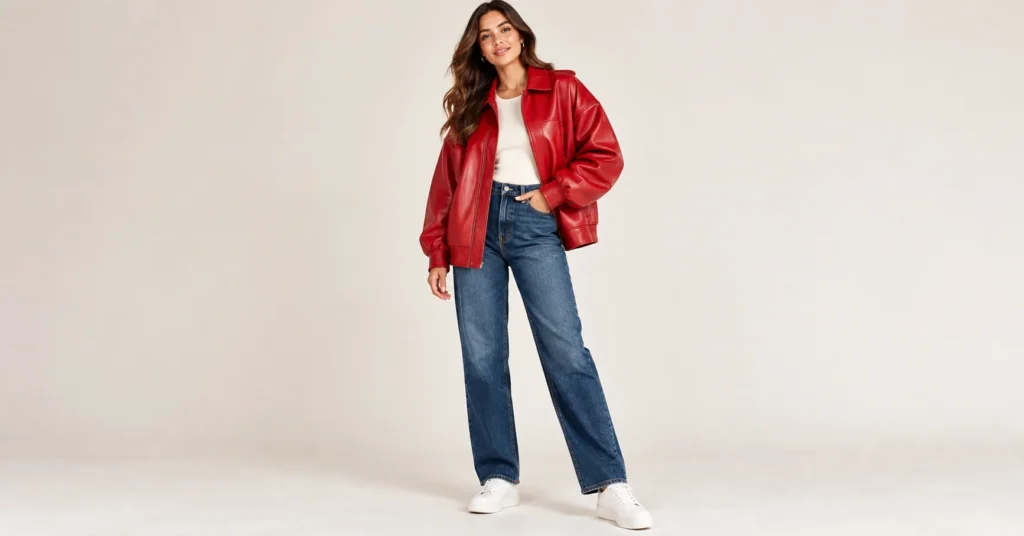 10 Stunning Red Leather Jackets That Make a Bold Fashion Statement 7 Red Leather Jackets oversized boyfriend style with a fitted top and straight-leg jeans
