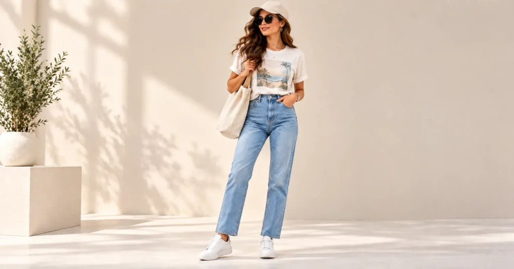 10 Stunning Straight Leg Jeans Outfit Ideas Every Lady Should Try 7 Straight Leg Jeans Outfit Ideas with a graphic tee, white sneakers, and canvas tote