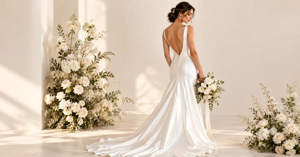 Backless and Open Back Wedding Dresses featuring a plunging V-back satin sheath wedding gown.