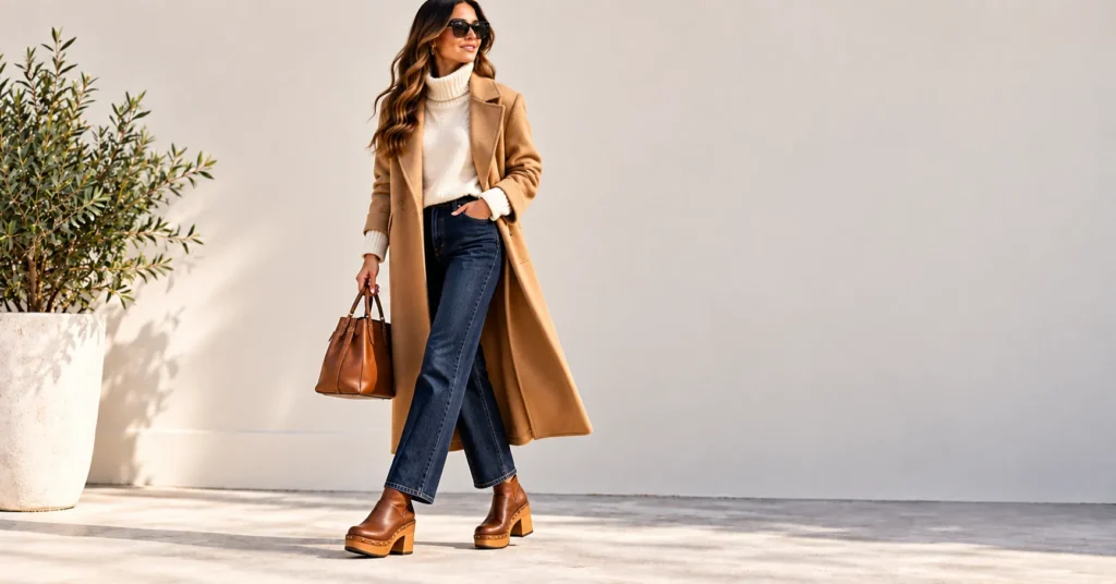 10 Stunning Chunky Clogs Looks That Instantly Elevate Every Outfit 6 Chunky Clogs boots styled with straight-leg jeans and a camel coat