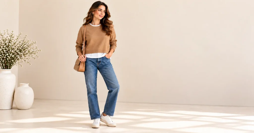 White t-shirt for women layered beneath a cropped camel sweater with blue jeans and white sneakers.