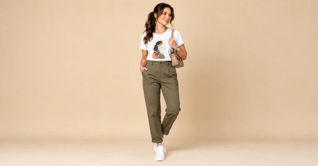 10 Effortless Comedy Show Outfit Ideas That Look Great and Feel Comfortable 5 Comedy Show Outfit Ideas featuring a graphic T-shirt, tailored chinos, white sneakers, and minimal accessories.