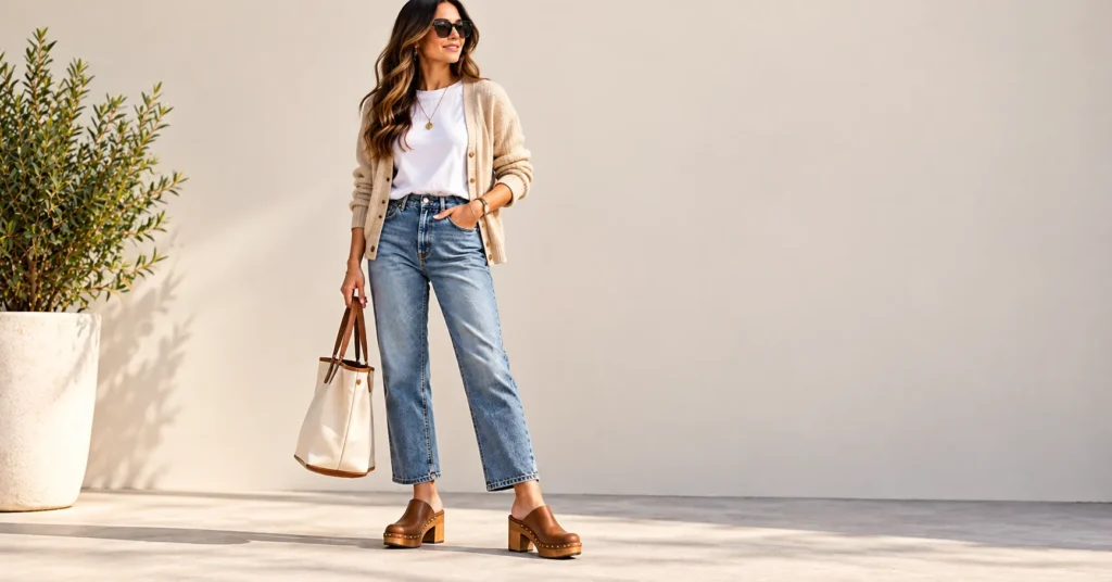 10 Stunning Chunky Clogs Looks That Instantly Elevate Every Outfit 3 Chunky Clogs with straight leg jeans and a white T-shirt