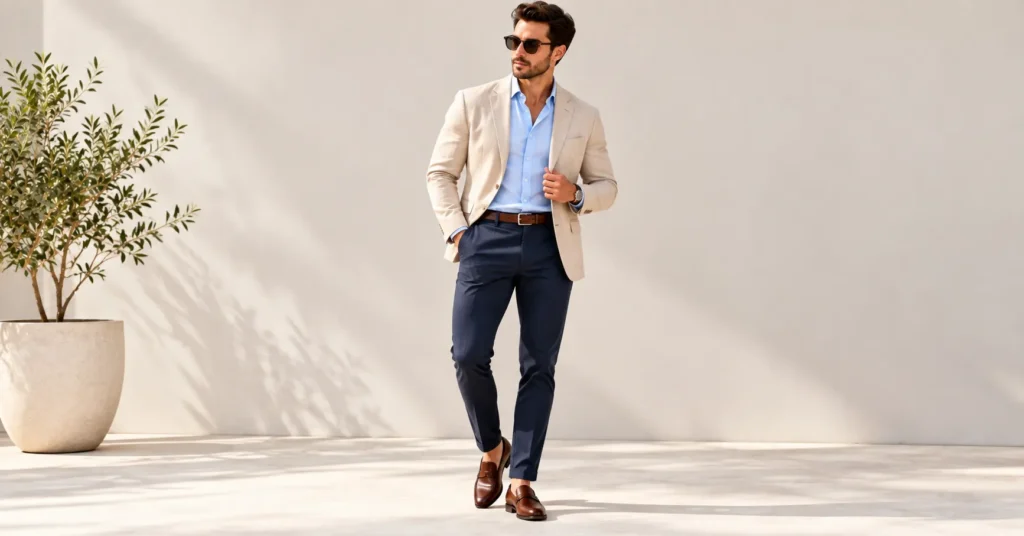 10 Effortless Blue Shirt Outfits That Look Sharp Every Time 3 Blue Shirt Outfits with a light blue button-down shirt and navy chinos