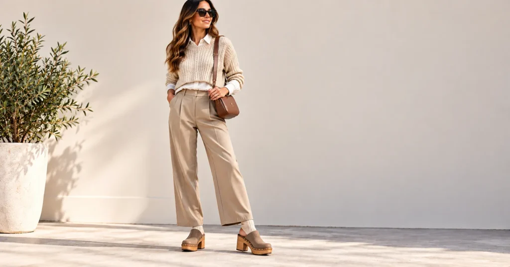 10 Stunning Chunky Clogs Looks That Instantly Elevate Every Outfit 5 Chunky Clogs with cozy socks and wide-leg trousers