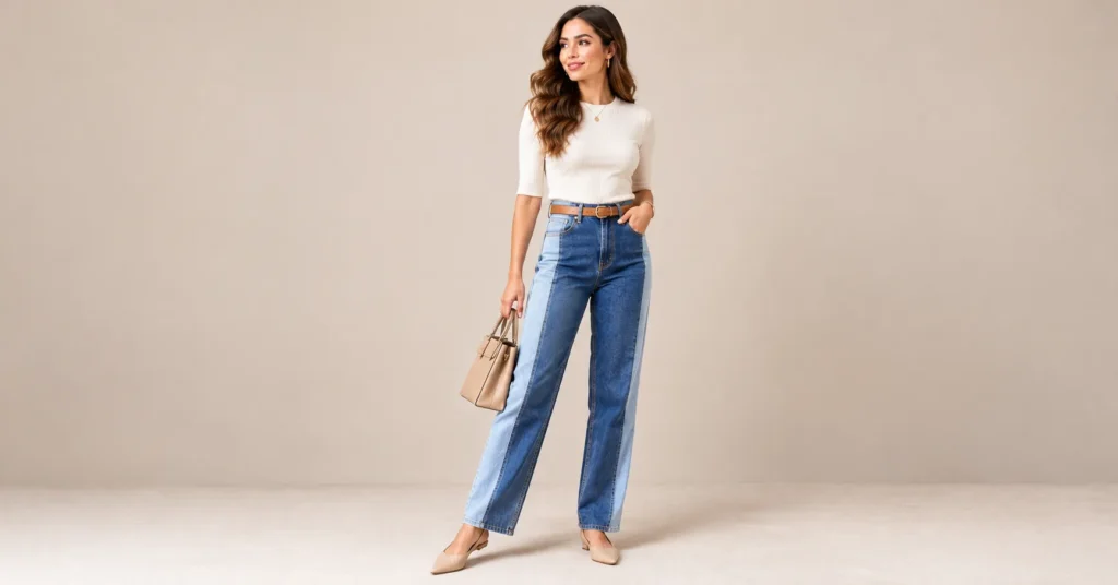 10 Bold Two Tone Jeans Styles That Instantly Upgrade Any Outfit 4 Contrast side panel Two Tone Jeans styled with a cream knit top and neutral flats.