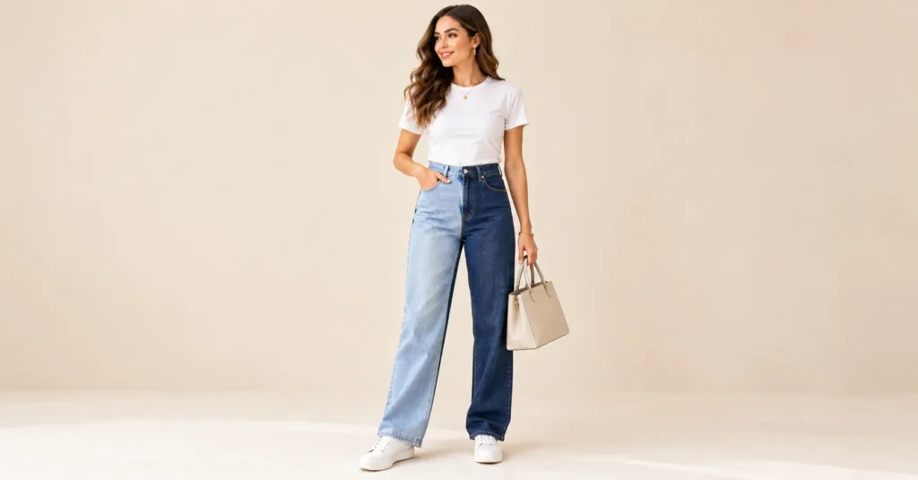 10 Bold Two Tone Jeans Styles That Instantly Upgrade Any Outfit 3 Split leg Two Tone Jeans featuring contrasting light blue and dark indigo denim with a white T-shirt.