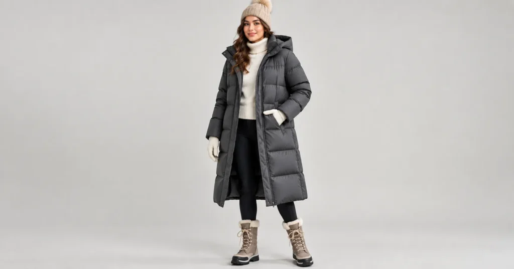 Women Winter Wear Jackets: 10 Stunning Outfit Ideas for Warmth and Style 3 Women Winter Wear Jackets styled with a long puffer coat, fleece leggings, and snow boots.