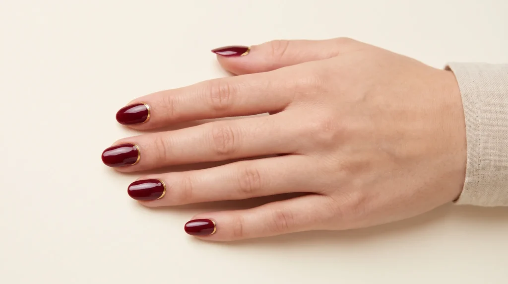 Burgundy and Gold Nails: 10 Luxurious Ideas, Shades & Pro Tips for a Rich Manicure 6 Minimalist burgundy and gold nails framed with a thin metallic gold cuticle line in bright lighting.