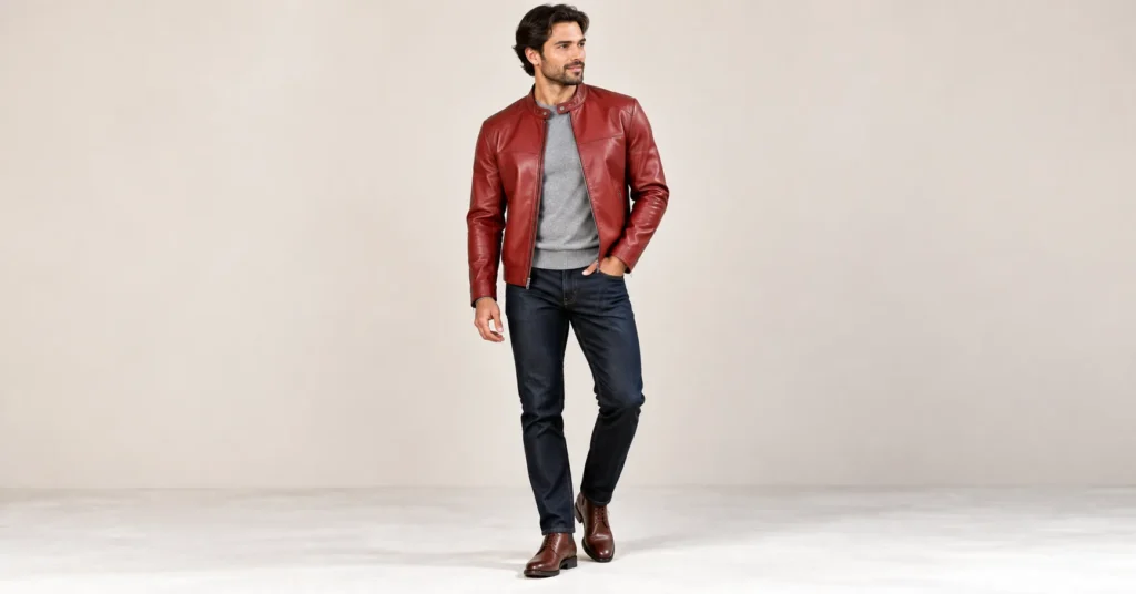 10 Stunning Red Leather Jackets That Make a Bold Fashion Statement 5 Red Leather Jackets men's café racer style with gray sweater, dark denim and brown boots