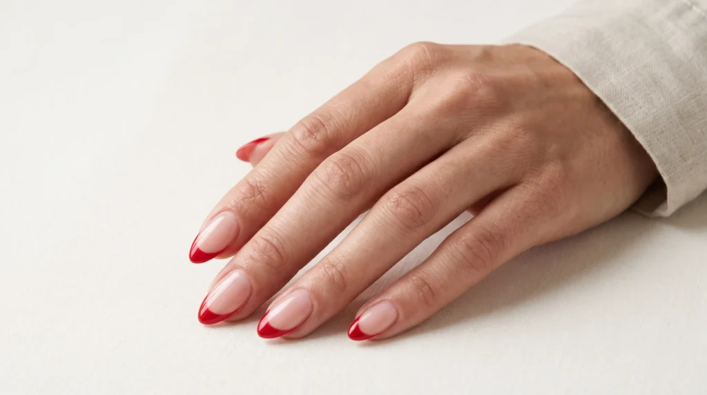 Cherry Red Nails: 10 Stunning Ideas, Shades & Pro Tips for a Flawless Manicure 4 Modern cherry red French tips on almond nails with a sheer nude base.